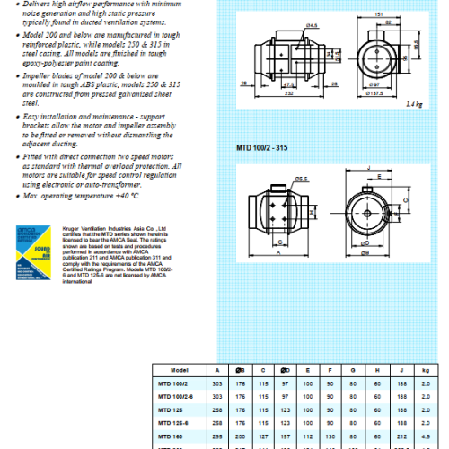 Quạt in-line nối ống gió Kruger MTD 315 -  In-Line Ducted Fan